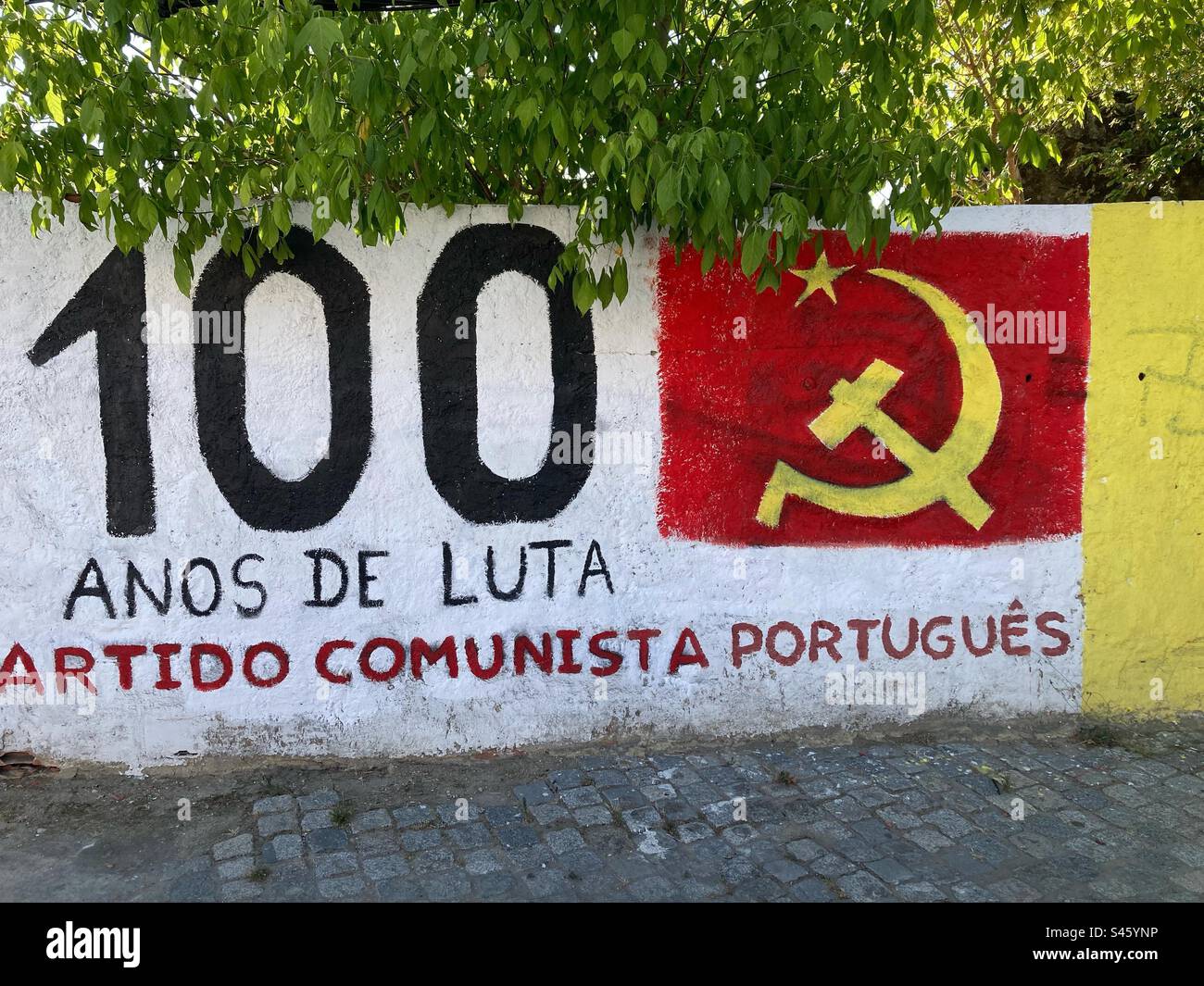Members of the Portuguese Communist Party Youth carry flags and