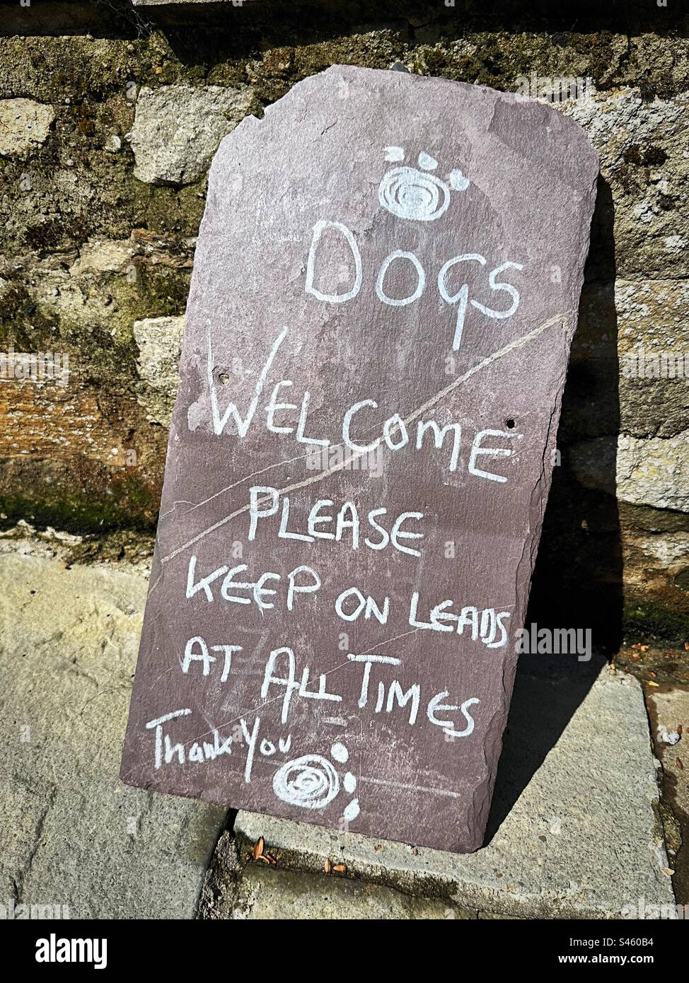 ‘Dogs Welcome’ a handwritten sign invites dogs and their owners inside… as long as they are on a lead at all times. Stock Photo