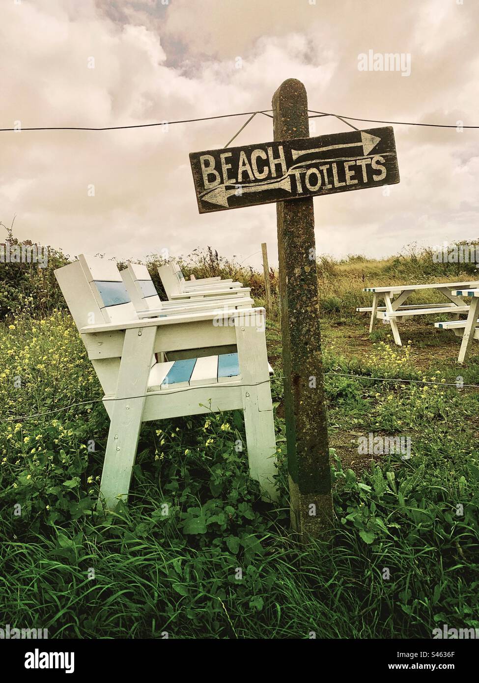 Beach or toilets dilemma ! Odd strange hand painted sign - Smartphone Captured Stock Image