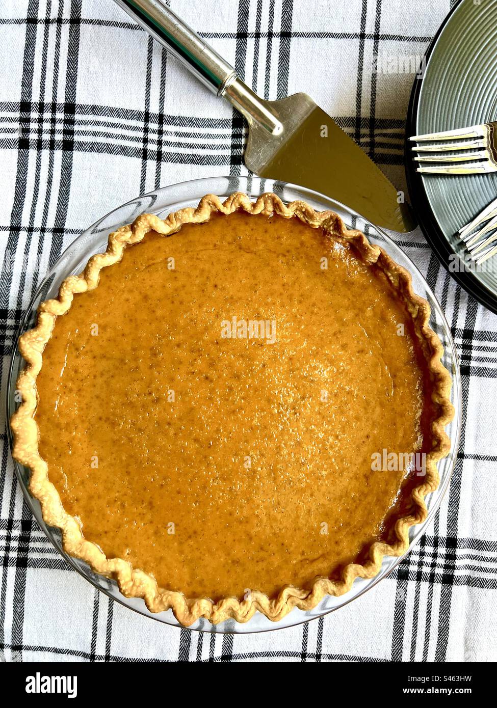 Top view of a whole pumpkin pie Stock Photo