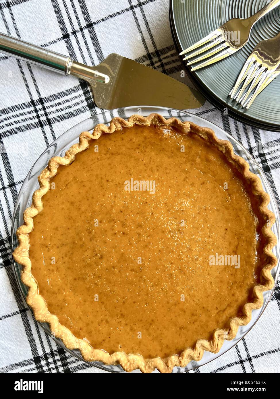 A freshly baked pumpkin pie viewed from above - Smartphone Captured Stock Image