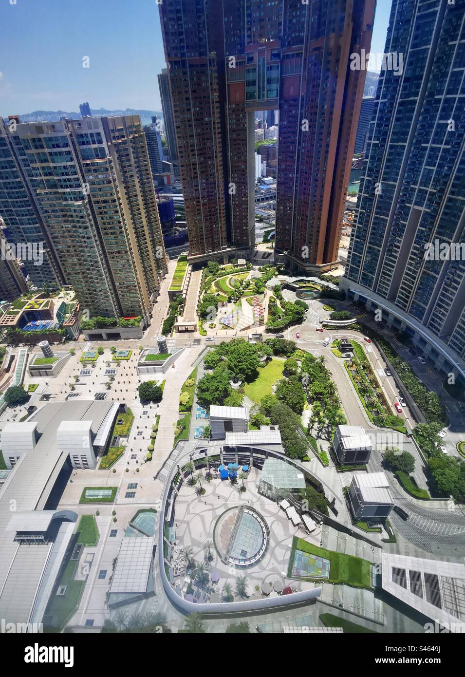 Aerial view of the podium garden above the Elements shopping mall in West Kowloon. - Smartphone Captured Stock Image
