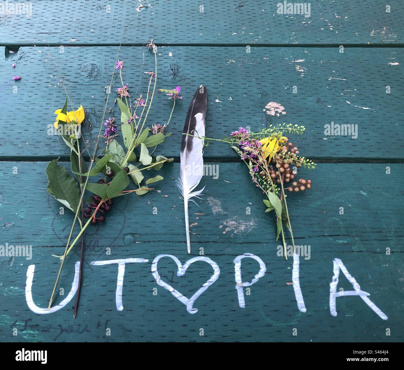 Utopia written in white chalk on a green picnic table. - Smartphone Captured Stock Image