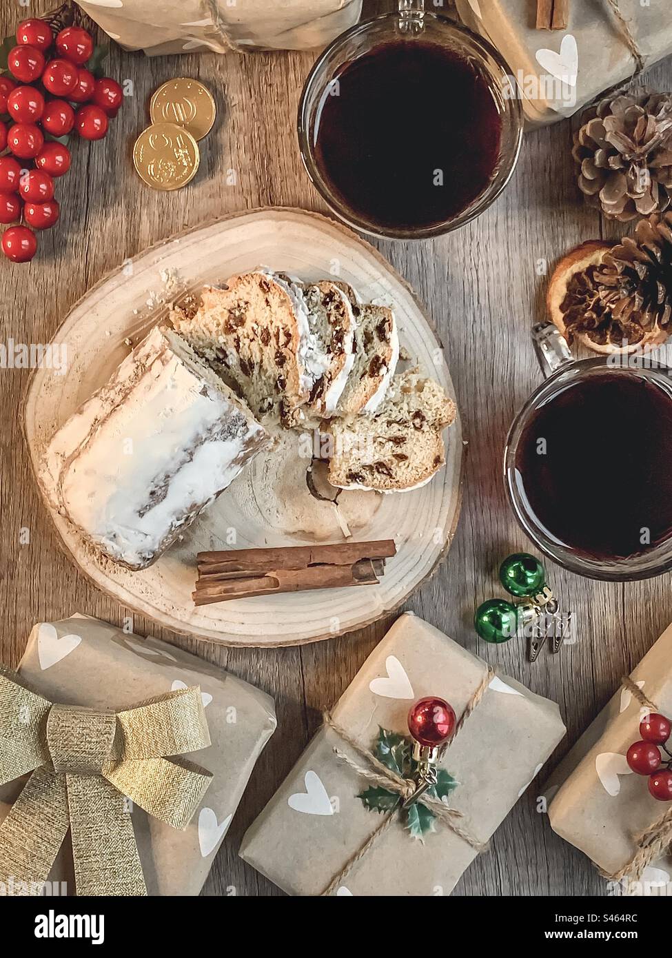 Festive flat lay with mulled wine & stollen - Smartphone Captured Stock Image