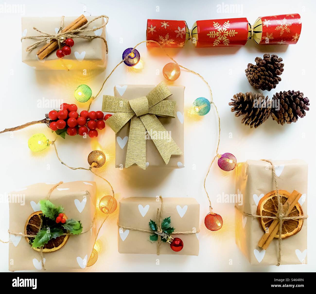 Festive flat lay with gifts and lights - Smartphone Captured Stock Image
