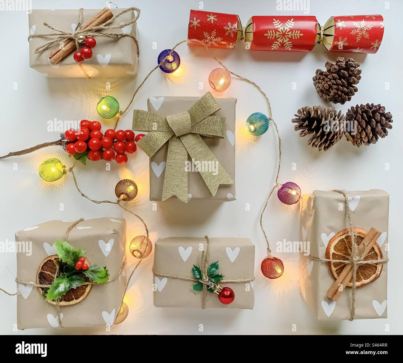 Festive flat lay with gifts and lights - Smartphone Captured Stock Image