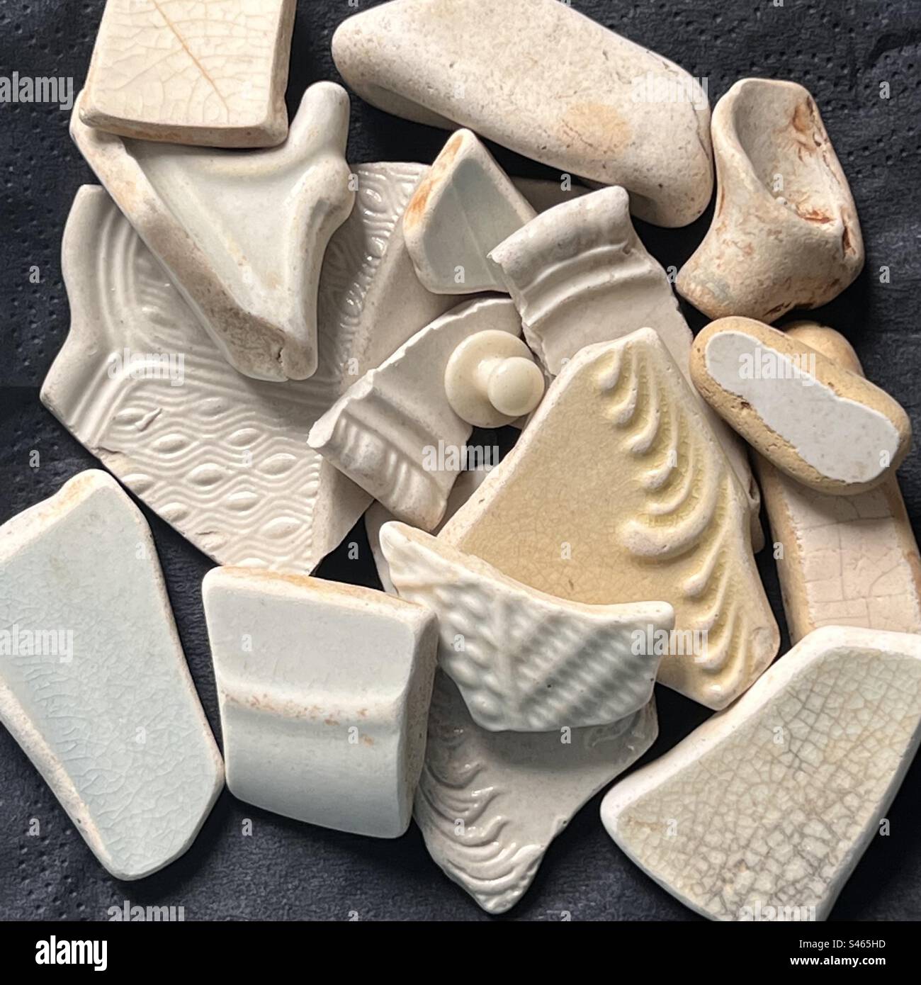 Arrangement of pottery pieces 18th and 19th century found by licensed Mudlark River Thames London - Smartphone Captured Stock Image
