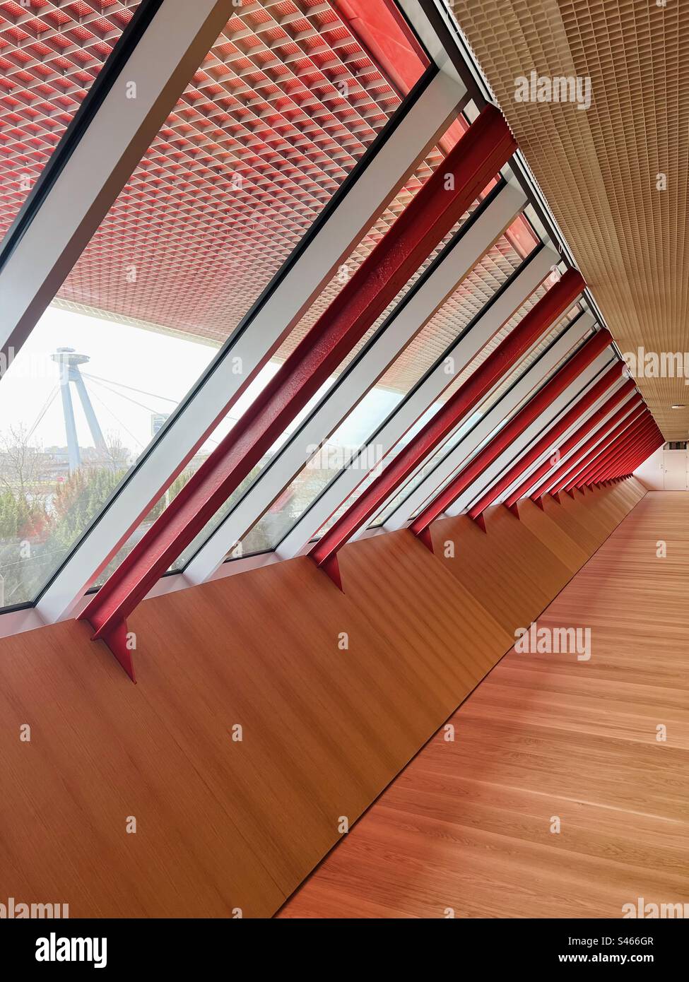 Interior shot of newly refurbished Slovak National Gallery with a view of New Bridge in Bratislava, Slovakia - Smartphone Captured Stock Image