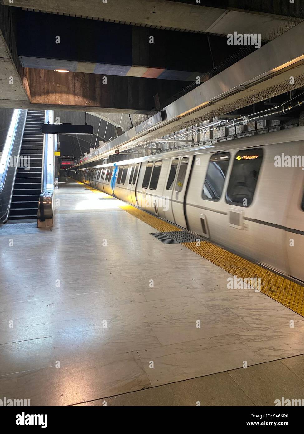 A BART train at Glen Park station in San Francisco headed. Empty ...