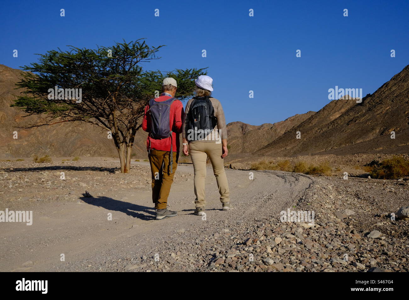 Senior couple walking in the desert Stock Photo
