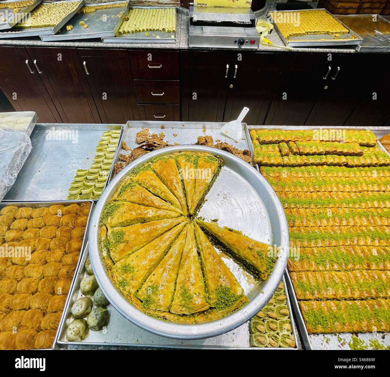 Palestinian pastry sweets in a shop in Bethlehem, Palestine. - Smartphone Captured Stock Image