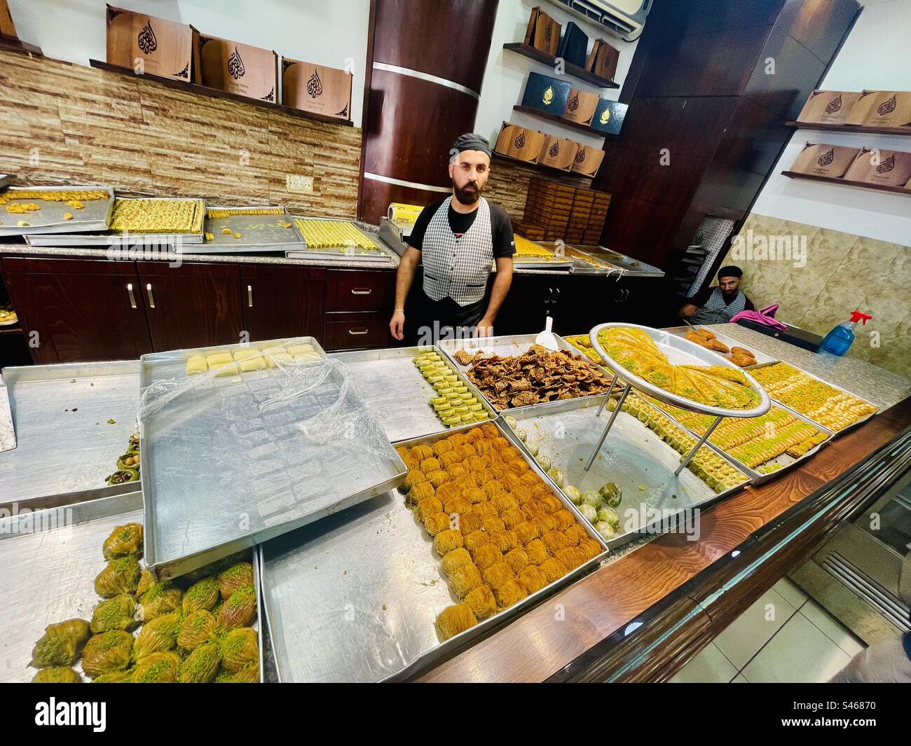 Palestinian pastry desserts at Palace sweets, Bethlehem, Palestine. - Smartphone Captured Stock Image