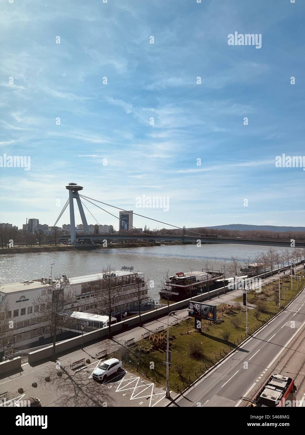 New Bridge or the UFO Bridge. View from the Slovak National Gallery in Bratislava, Slovakia Stock Photo