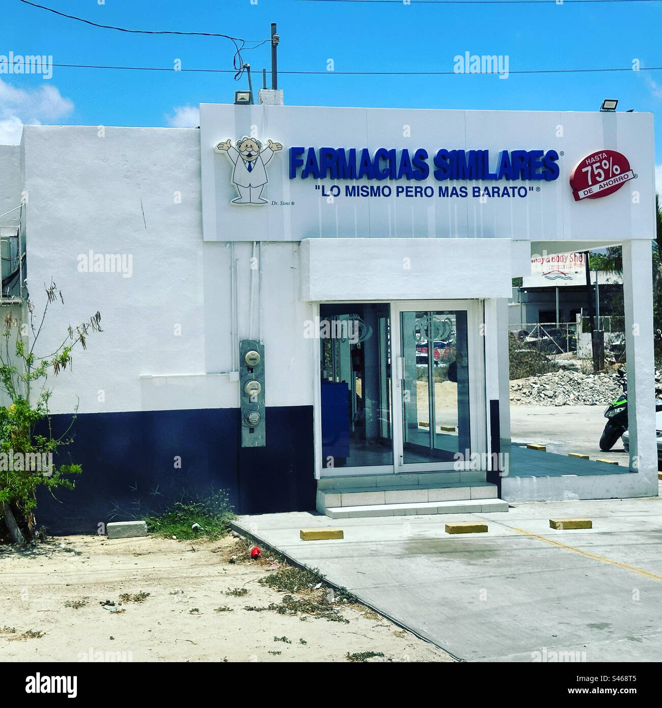 “Farmacias Similares: Lo Mismo Pero Mas Barato”/ Similar Pharmacies: the same but cheaper. San Jose de Cabo, Baja California Sur, Mexico - Smartphone Captured Stock Image