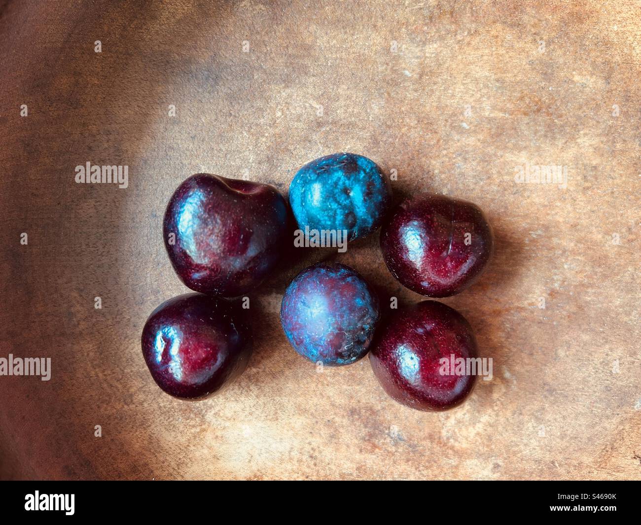 Four cherries and two plums. Overhead shot, close-up. In a wooden bowl. The cherries are Burgundy red, the plums a purplish blue. - Smartphone Captured Stock Image
