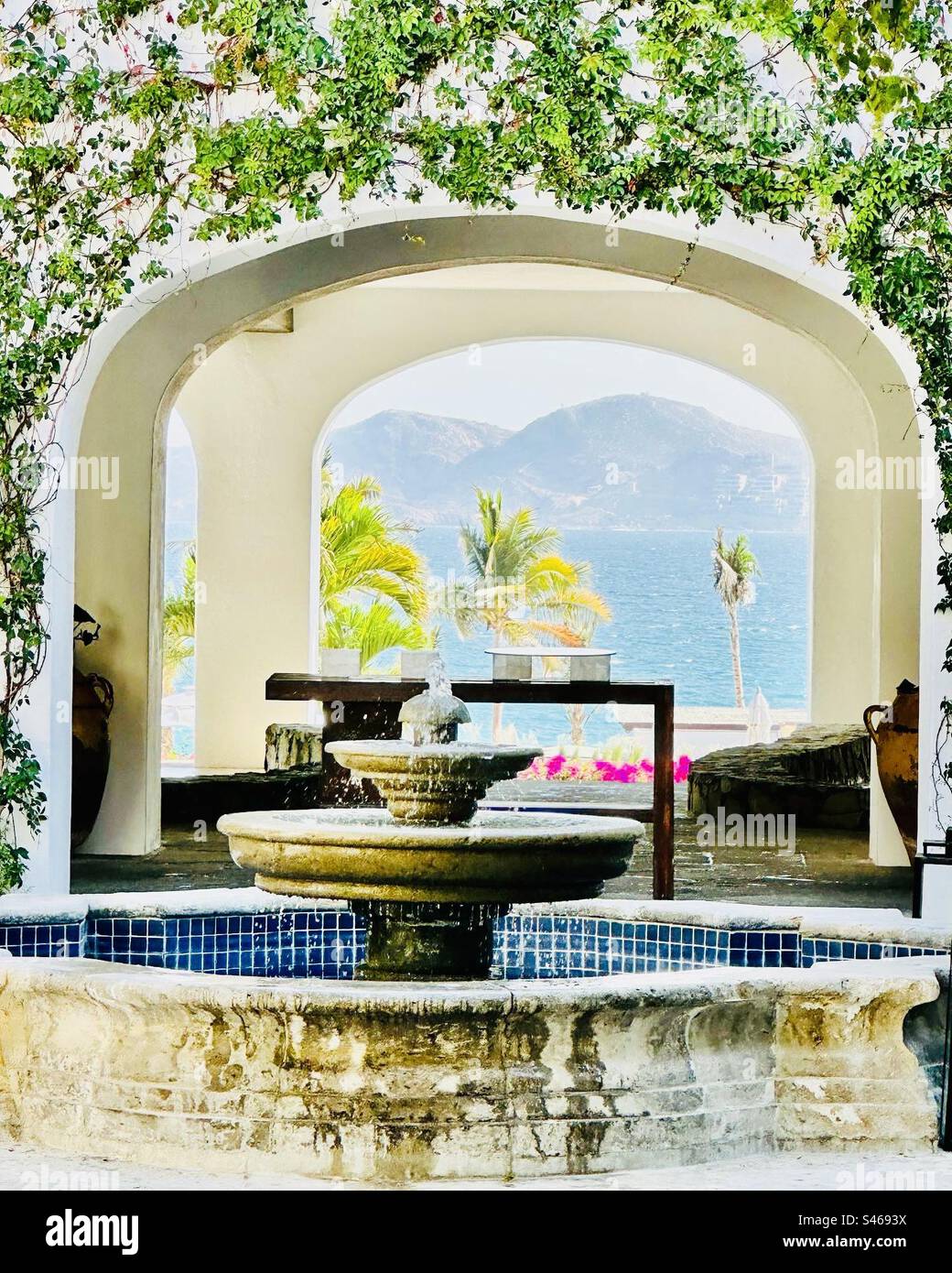 Fountain with ocean view - Smartphone Captured Stock Image