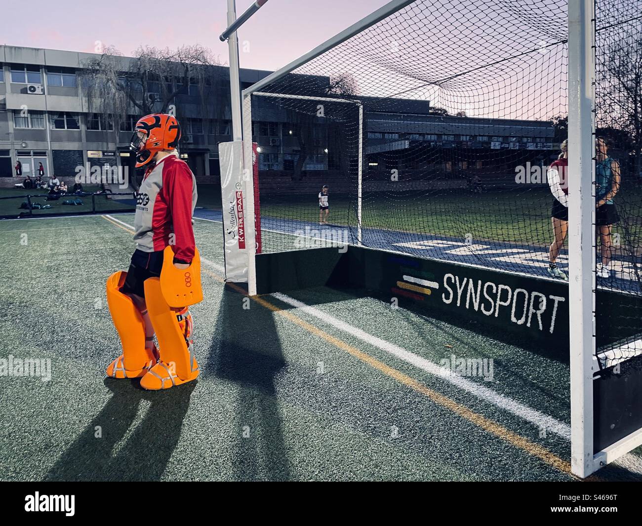 Field hockey goal box and keeper Stock Photo Alamy