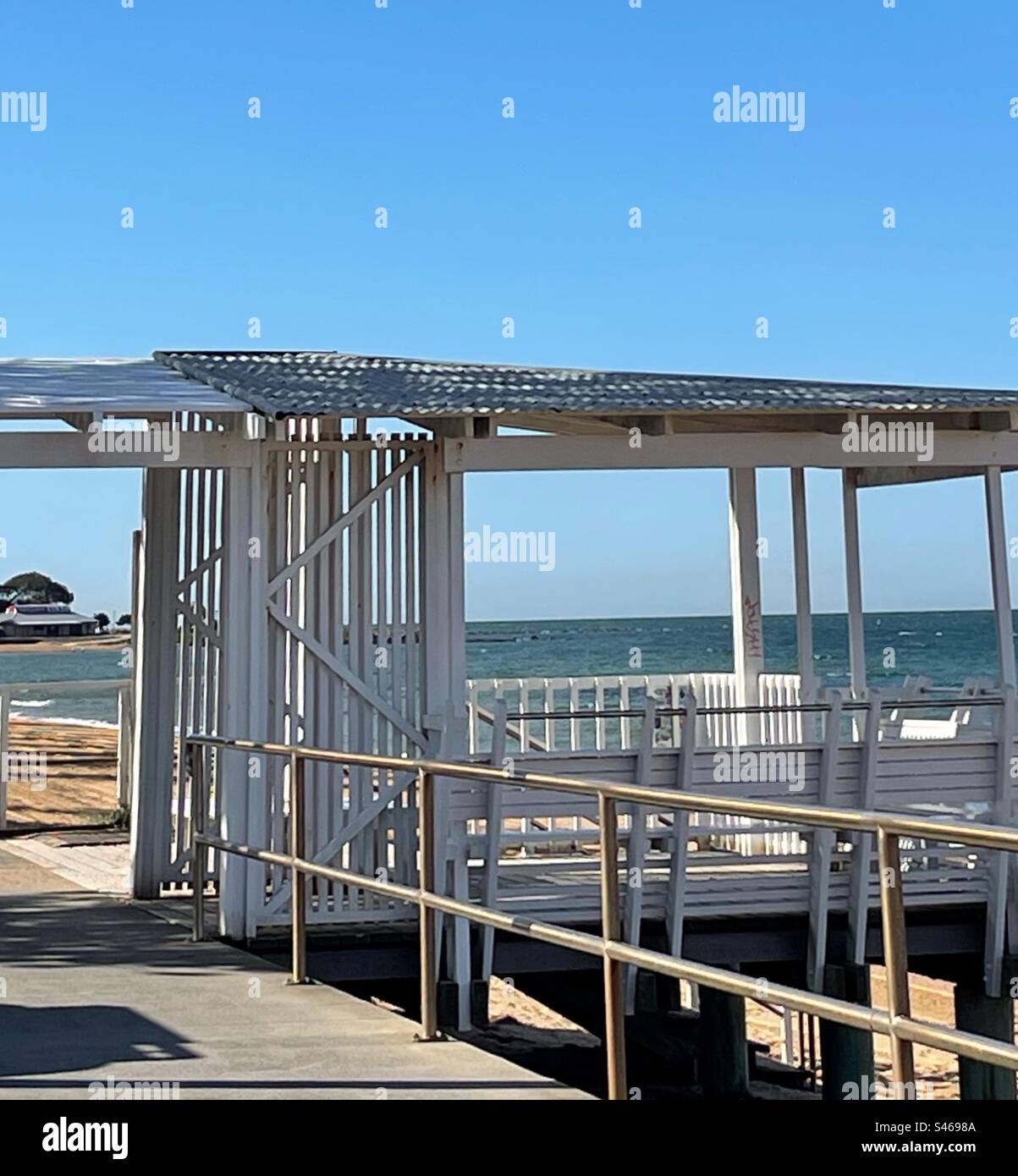 Beach shelter on platform over the beach Stock Photo Alamy