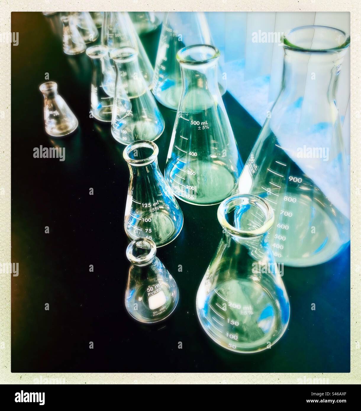 Science beakers in a science classroom Stock Photo Alamy