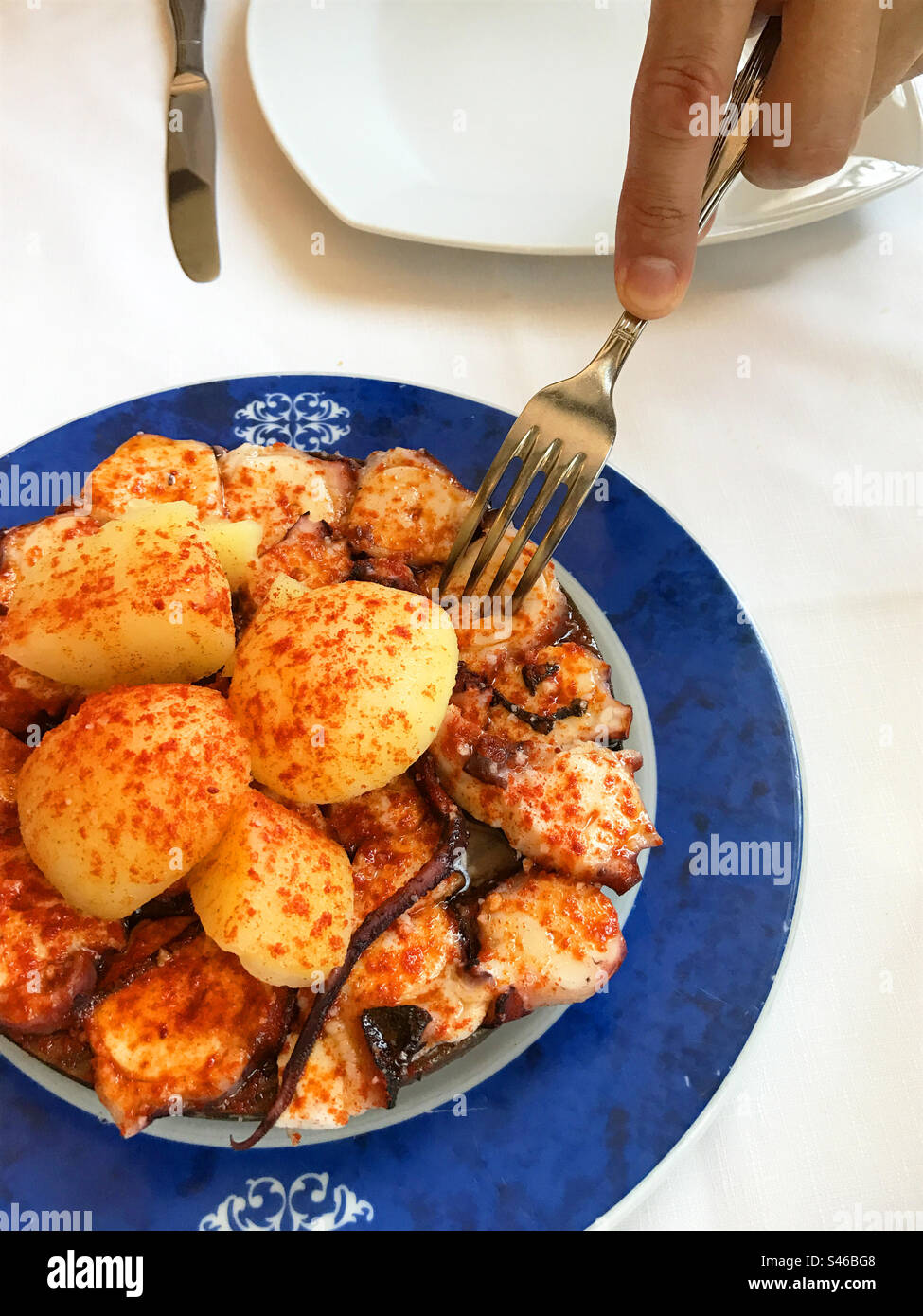 Pulpo a la gallega, octopus with potatoes, olive oil and paprika. Galicia, Spain. Stock Photo