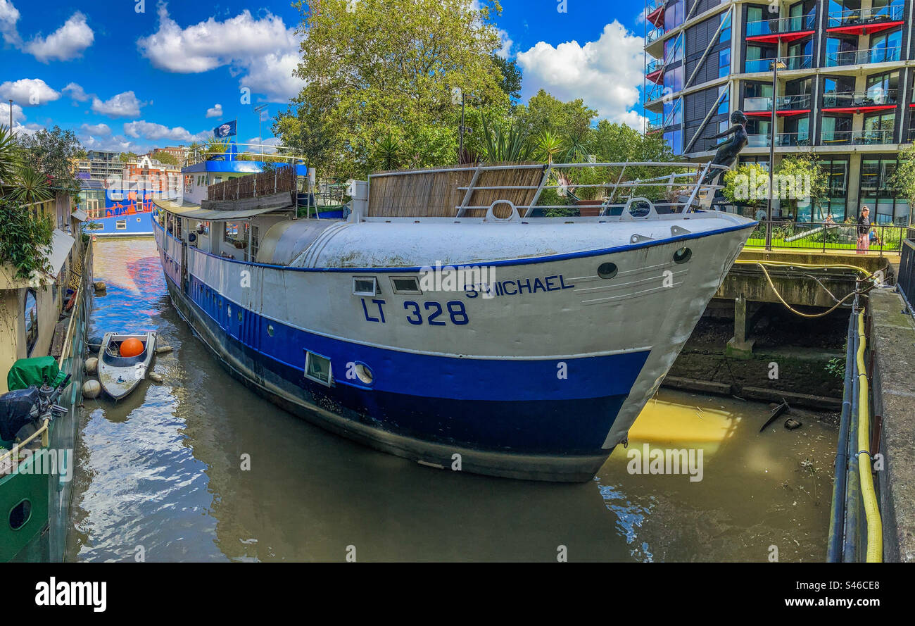 Panorama of the House Boat, St Michael, moored by the Thames in Nine Elms - Smartphone Captured Stock Image