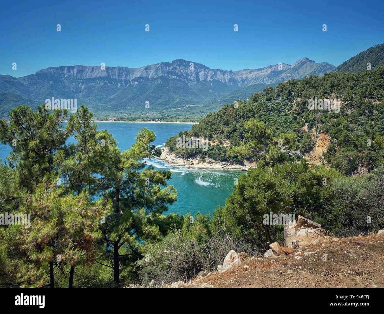 Sunny sea view with pine trees and mountains from a bay behind Golden Beach on Thassos island, Greece. - Smartphone Captured Stock Image
