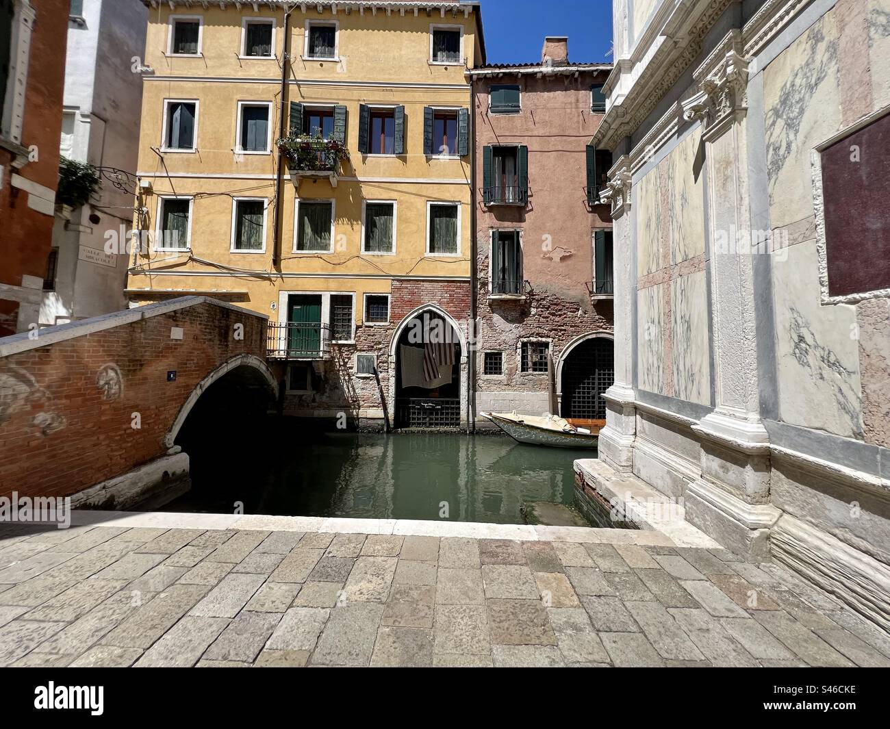 Canale and colorful buildings at Campo dei Miracoli, Cannaregio, Venice - Smartphone Captured Stock Image