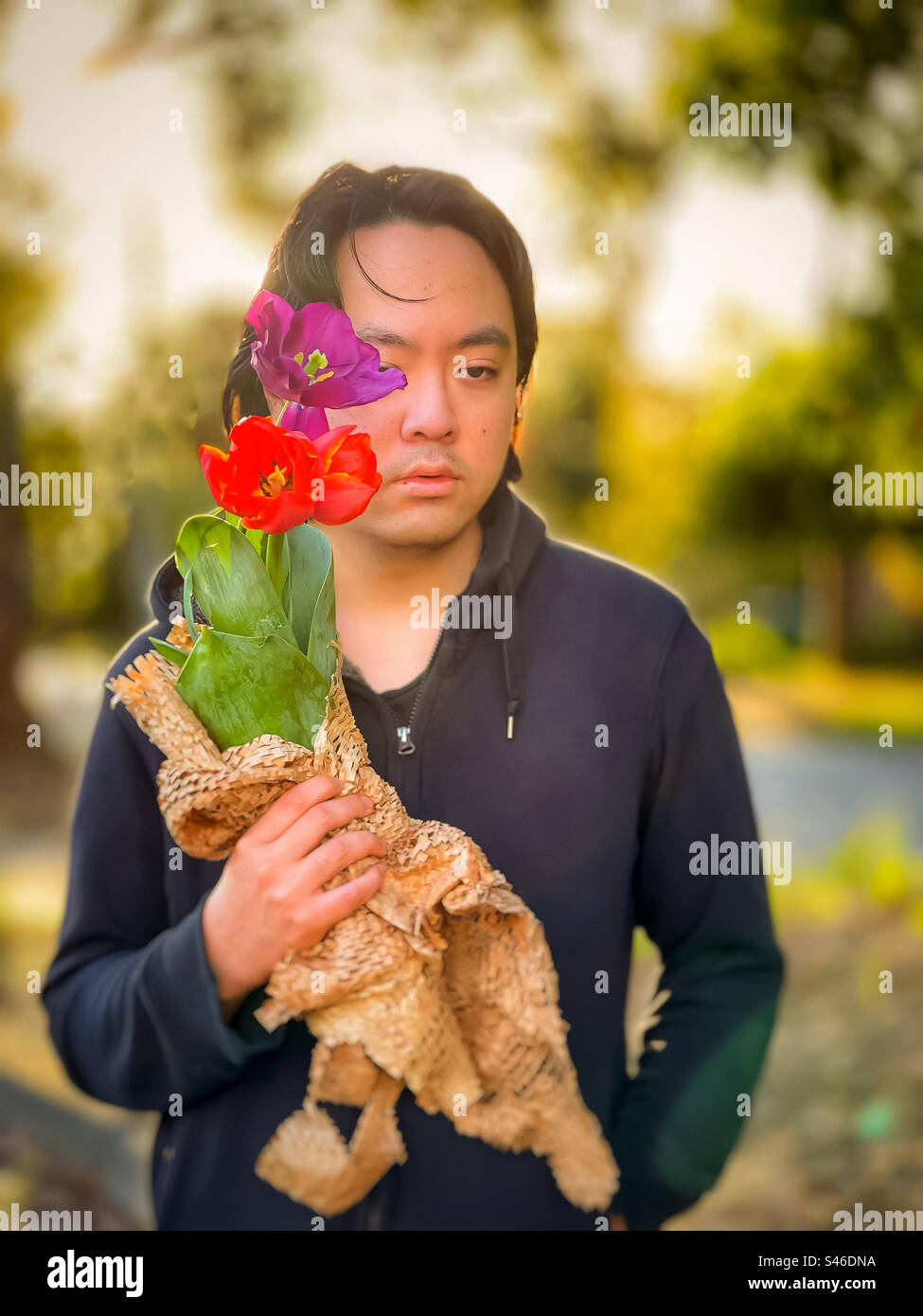 Portrait of young Asian man holding red and purple tulips against trees and setting sun. Dreamy. Focus on foreground. Golden hour. Springtime theme. - Smartphone Captured Stock Image