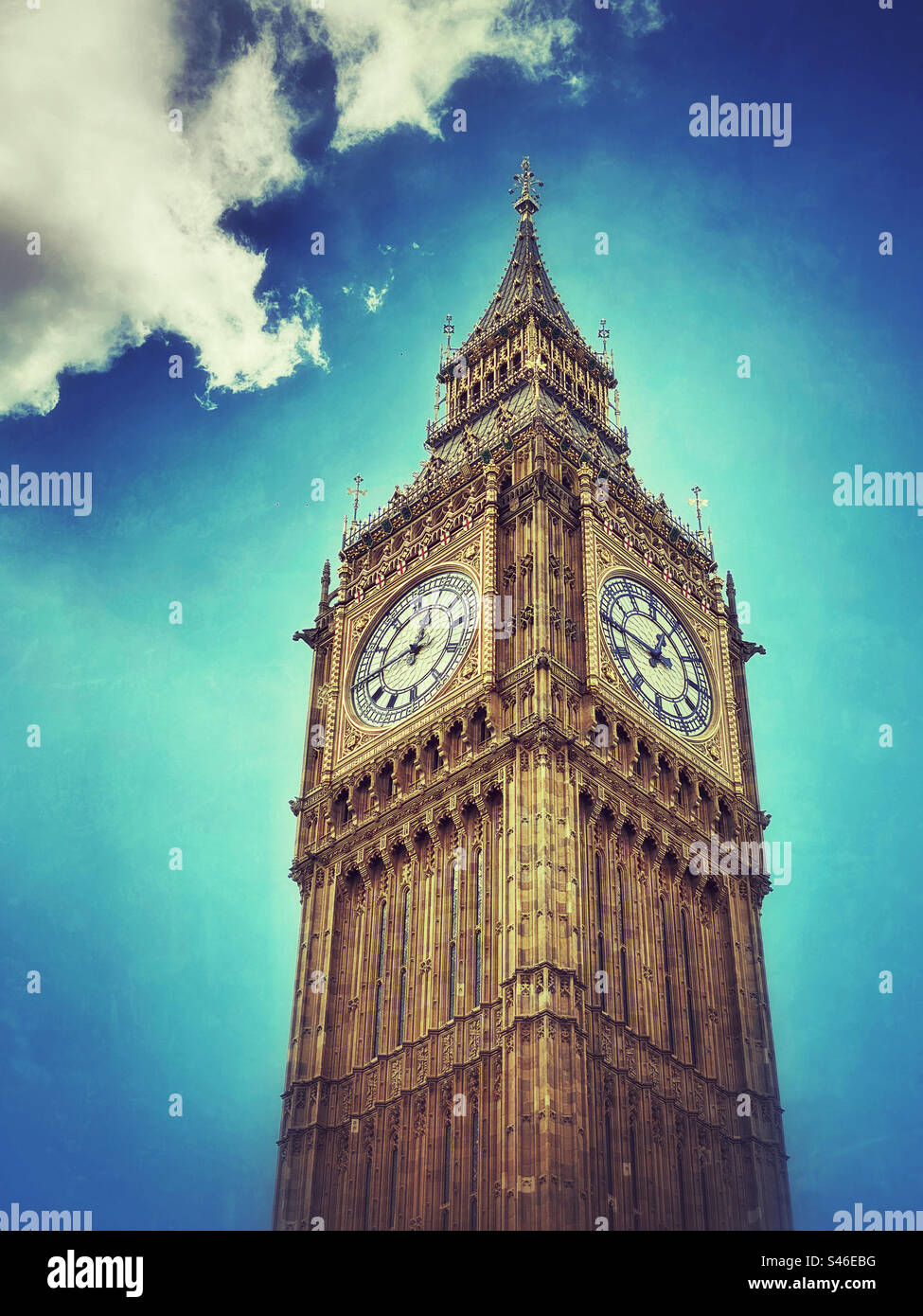 The world famous tower & clock face of Big Ben next to the Houses of Parliament in Westminster, London, England. The Elizabeth Tower & Big Ben have undergone restoration. Photo ©️ COLIN HOSKINS. - Smartphone Captured Stock Image