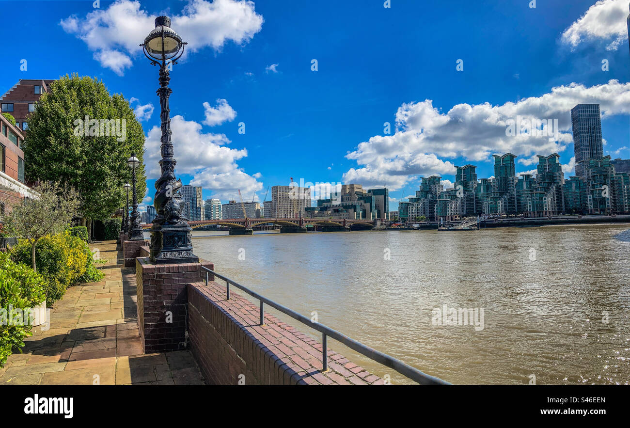 The Chelsea Embankment on the River Thames, looking towards Vauxhall Bridge - Smartphone Captured Stock Image