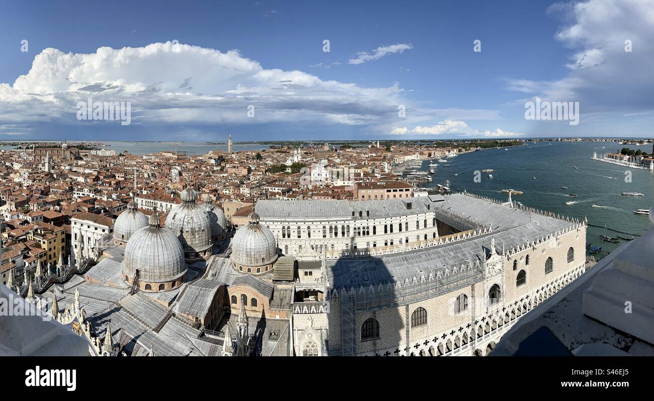 Panoramic view over St. Mark’s square, Venice and it’s lagoon. Taken from Campanile di San Marco in summer - Smartphone Captured Stock Image