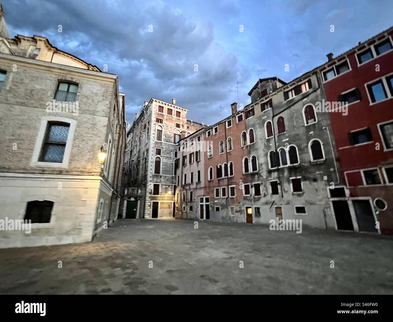 Beautiful summer’s night sky with colorful buildings in Campo San Geremia in Sestiere Cannaregio in Venice - Smartphone Captured Stock Image