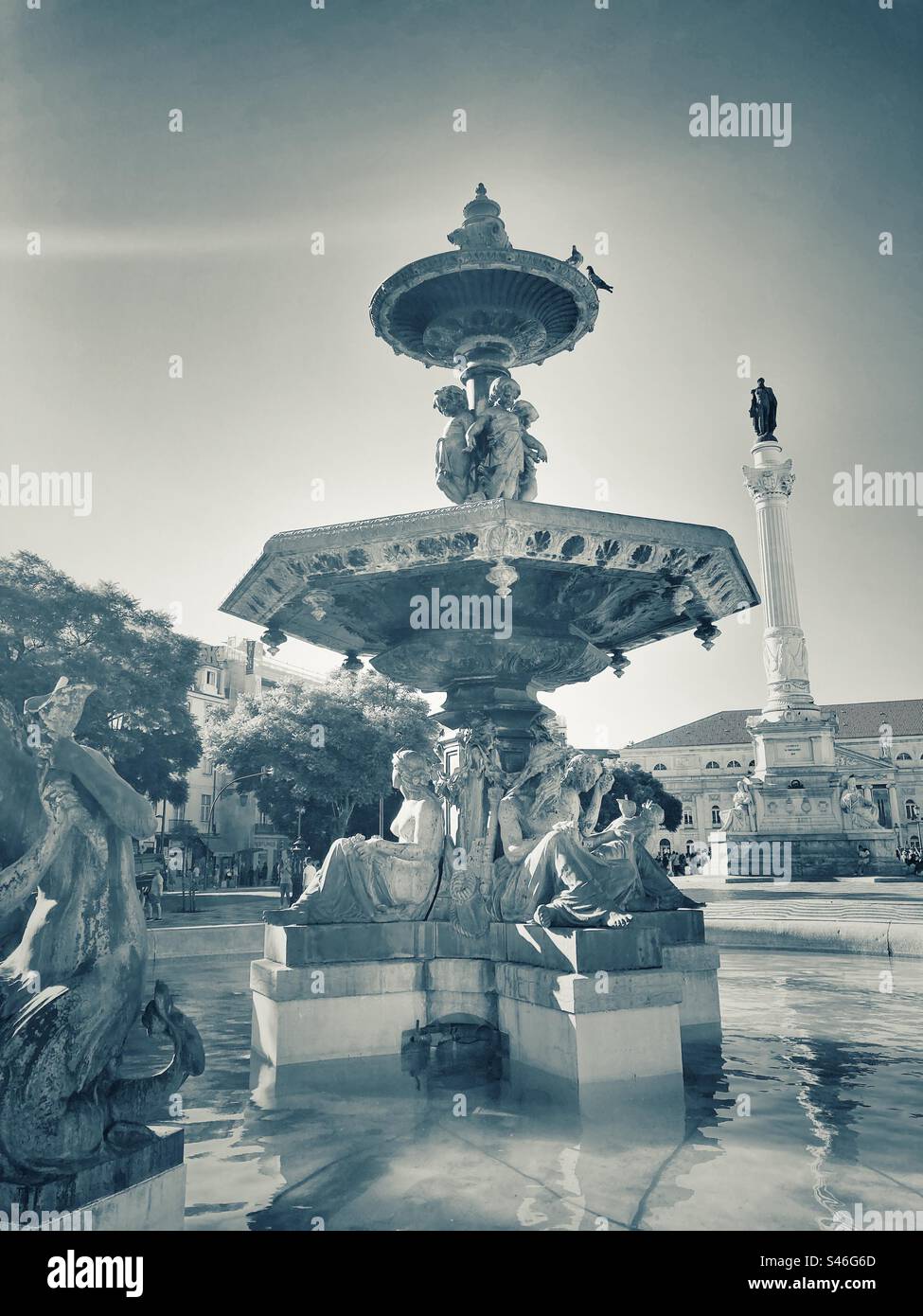Close-up of fountain in Praça King Pedro in Lisbon downtown ( Rossio square) in monochromatic tone. - Smartphone Captured Stock Image