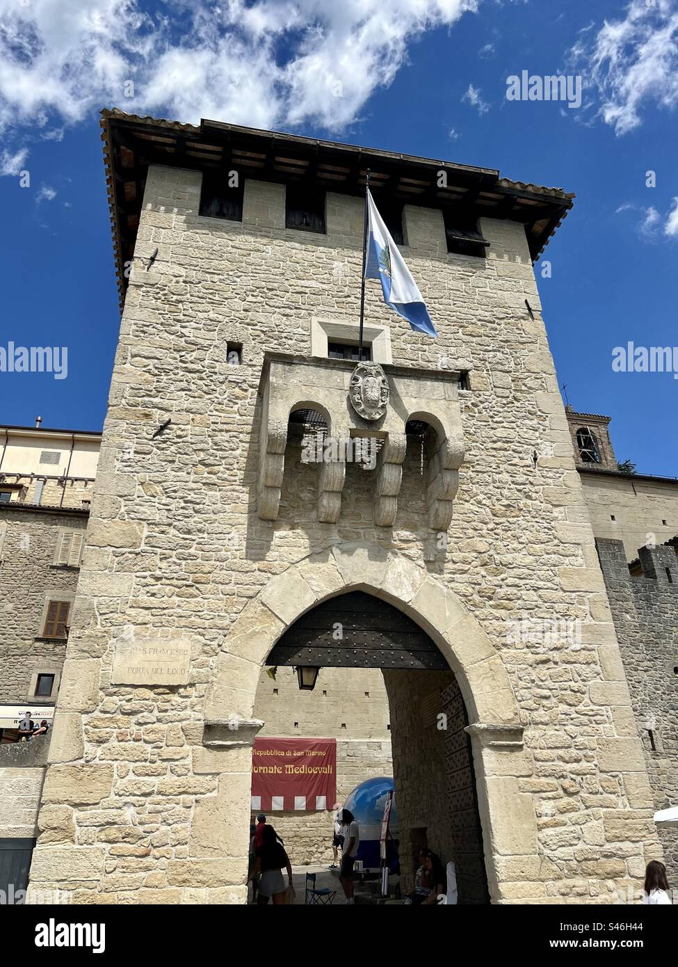 Entering the Republicof San Marino through the Porta del Parsa-Porta San Francesco entrance Stock Photo
