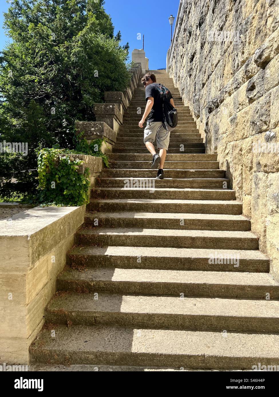 Steep stair climb from Giardino dei Liburni to Vua Eugippo street in the mountainside Republic of San Marino - Smartphone Captured Stock Image