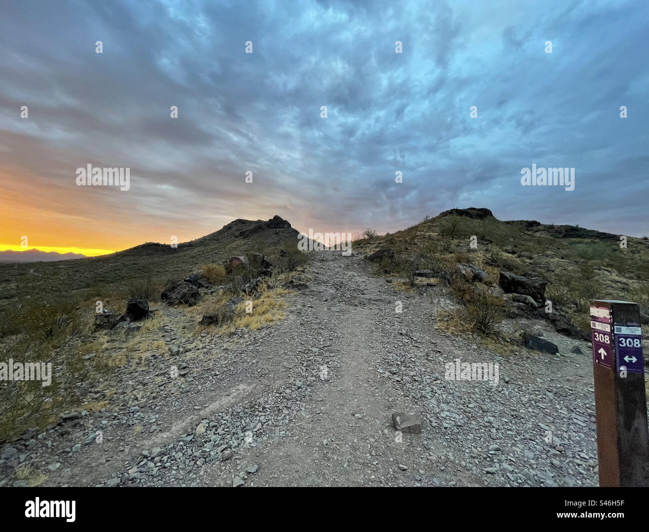 Trail marker at sunrise, Lookout Mountain, Phoenix, Arizona Stock Photo