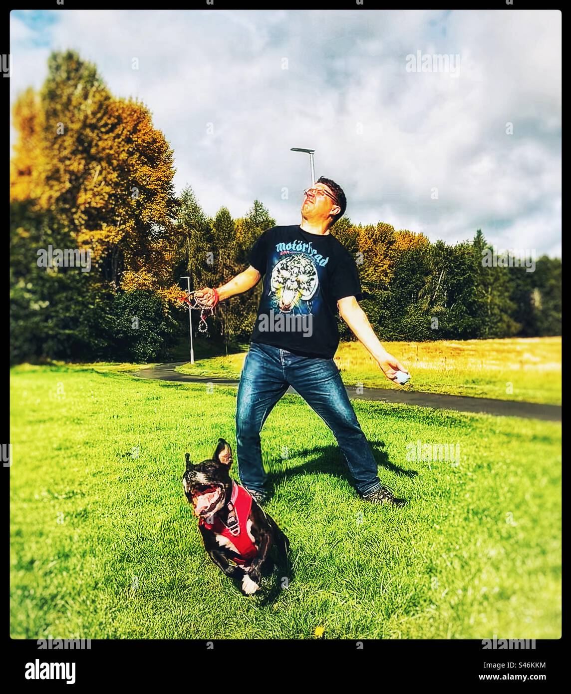 Man throwing a ball for a happy dog Stock Photo Alamy