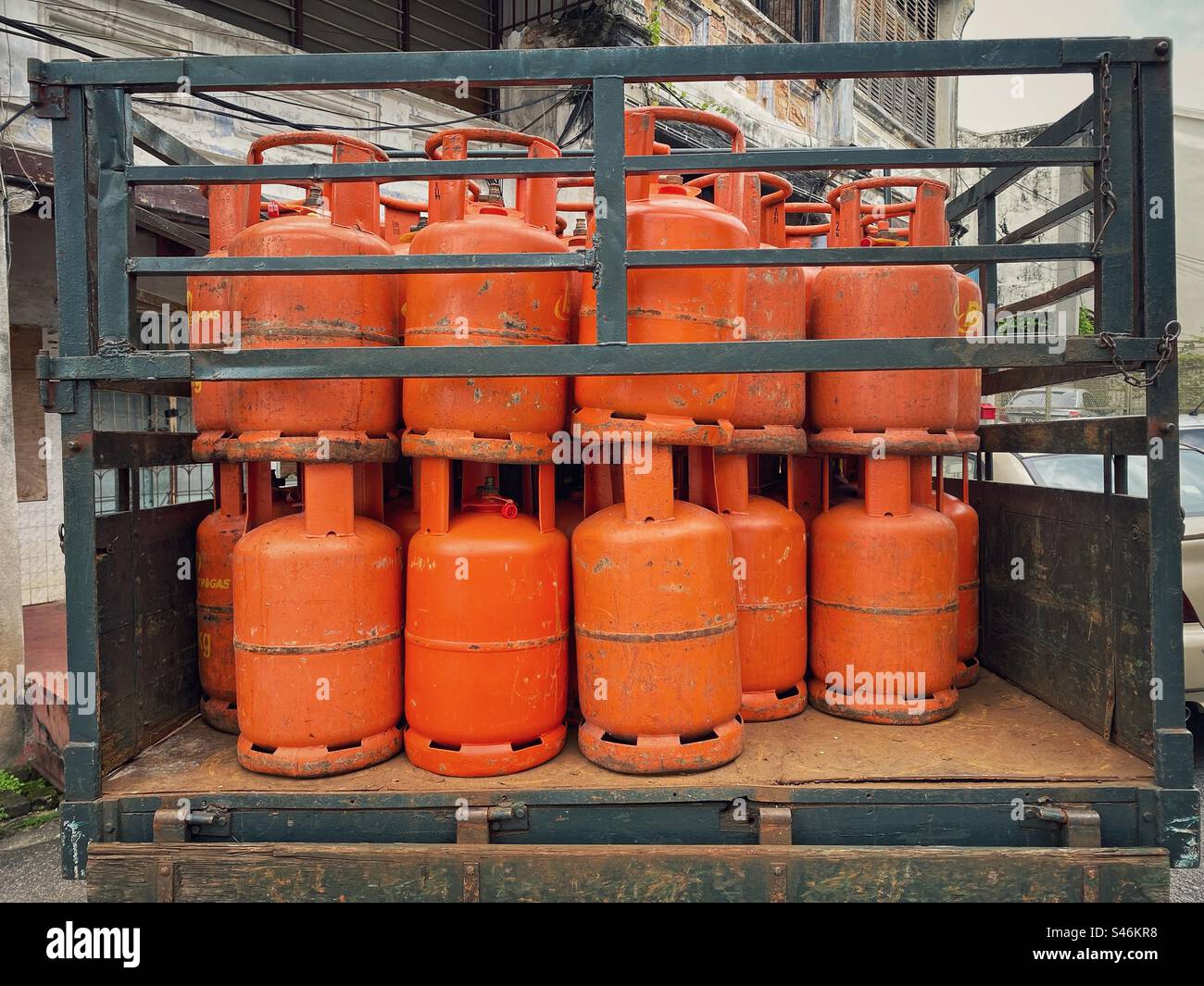 Propane gas bottles on a delivery truck Stock Photo