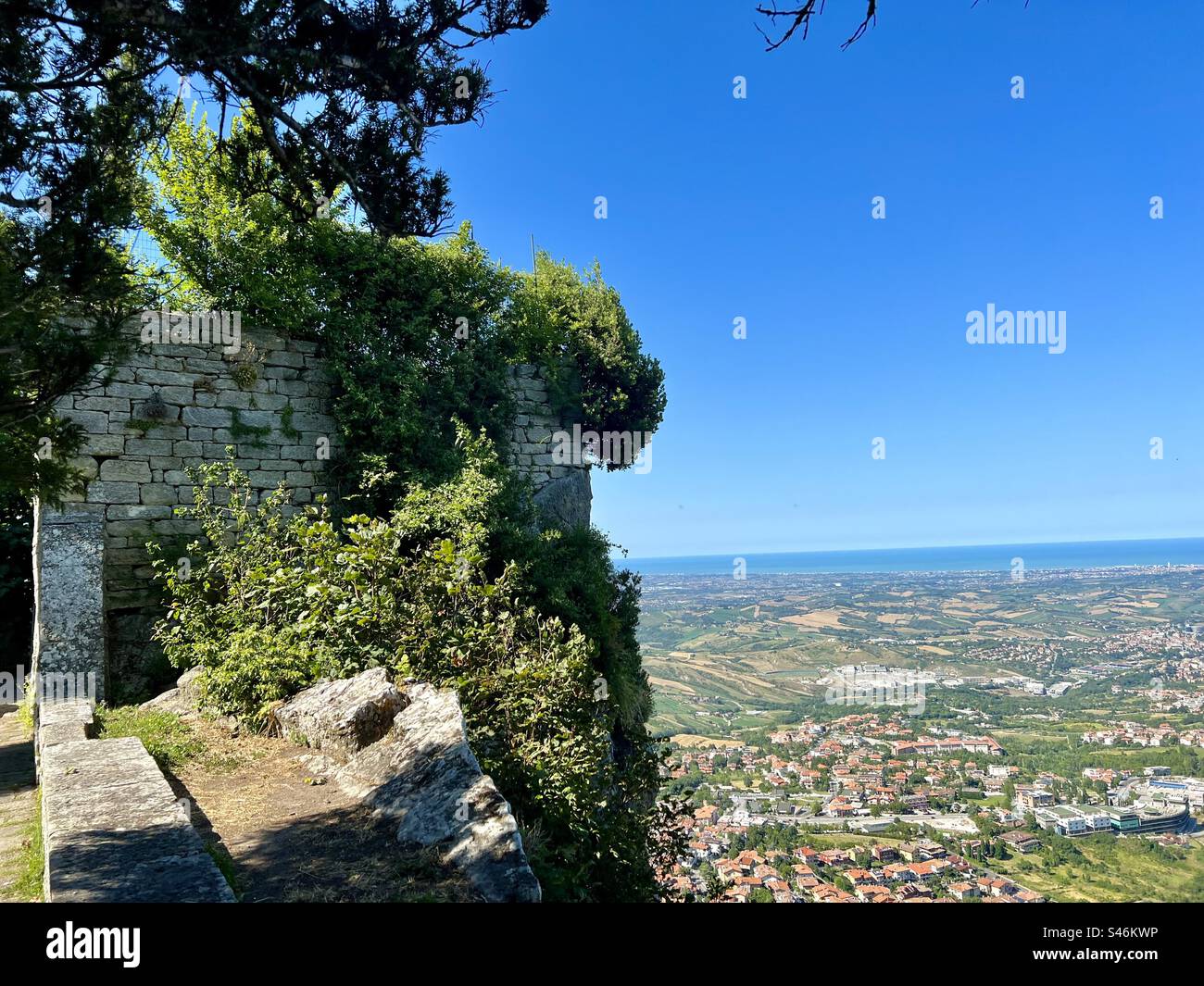 The castelli Borgo Maggiore suburb in Republic of San Marino, viewed from the Orti Borghesi gardens in the city of San Marino Stock Photo