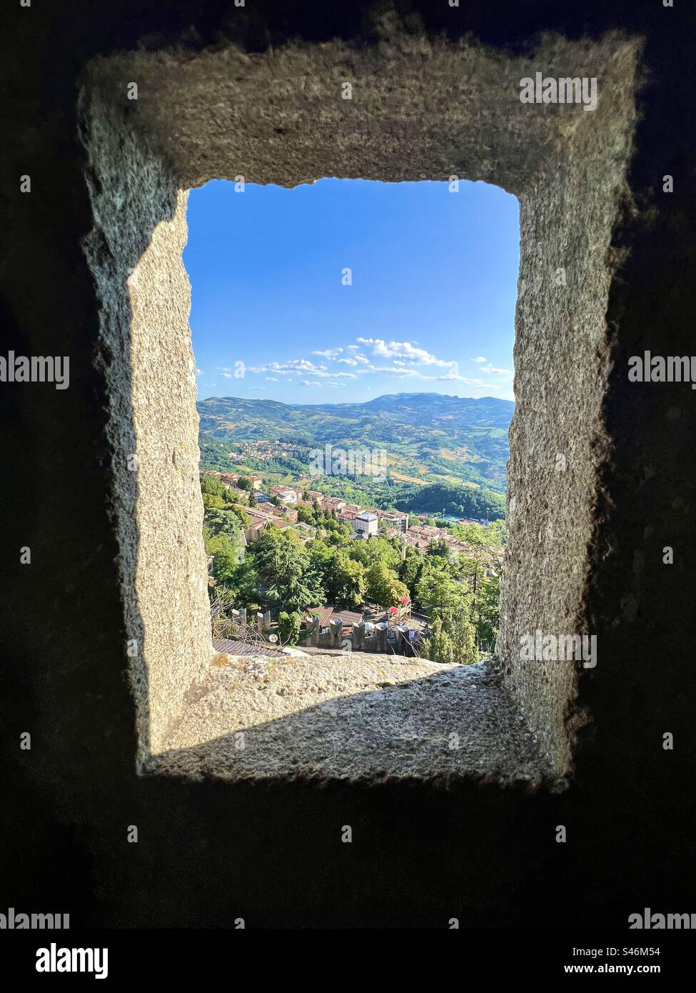 View from a tower window of Guaita fortress in San Marino - Smartphone Captured Stock Image