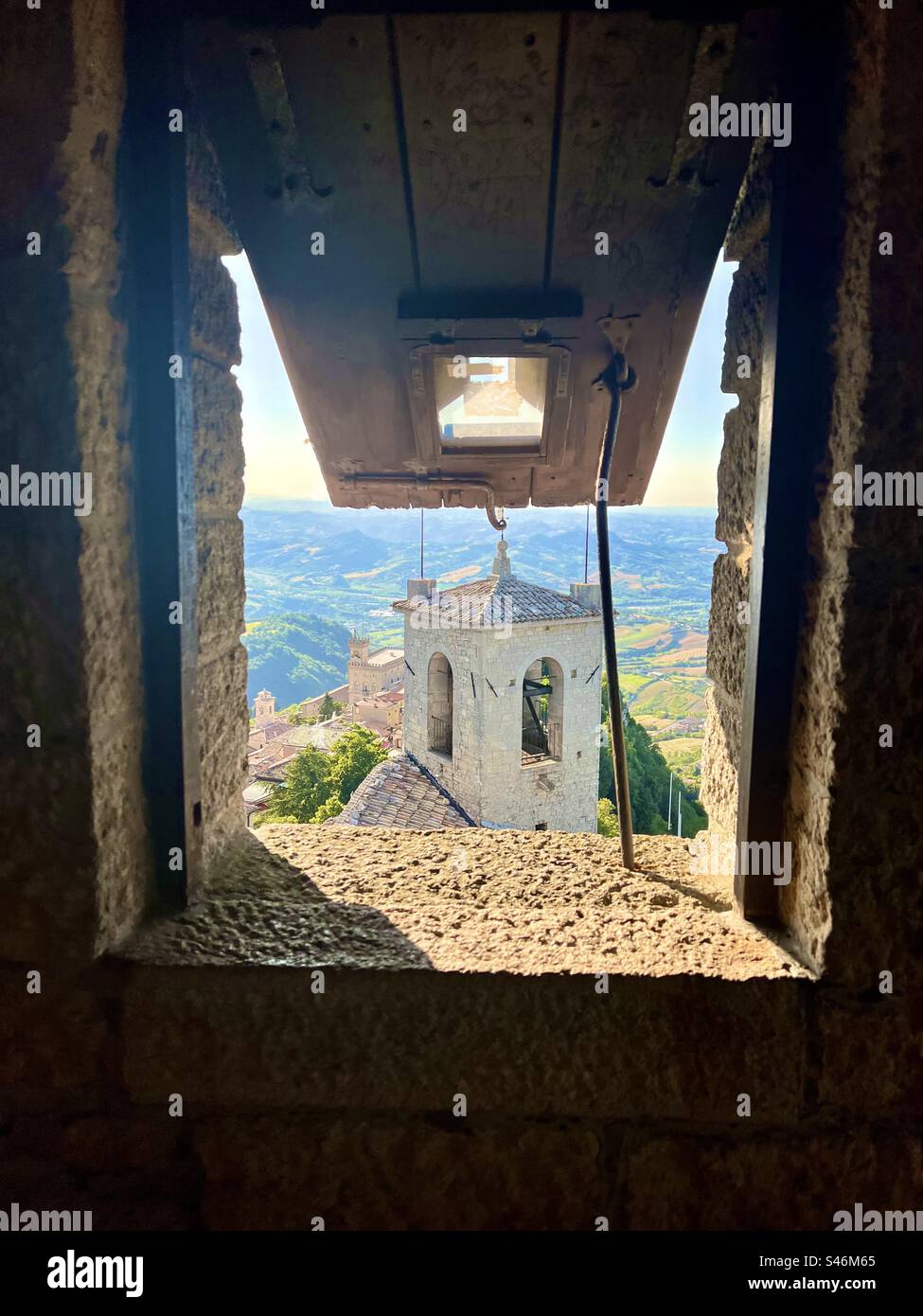 Majestic tower window view in Guaita fortress - Smartphone Captured Stock Image
