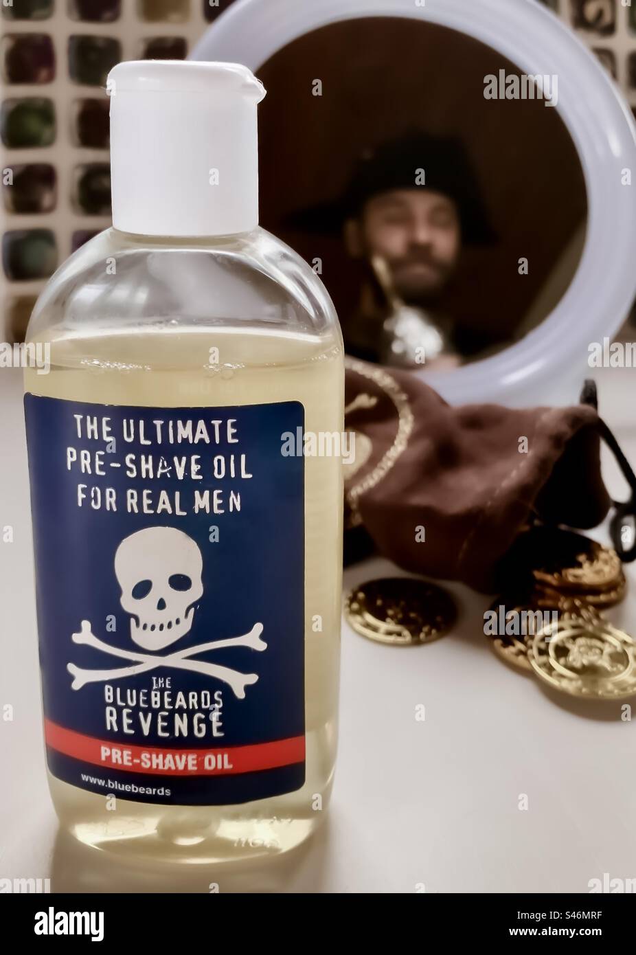Pirate beard oil, which pirate in mirror reflection - Smartphone Captured Stock Image