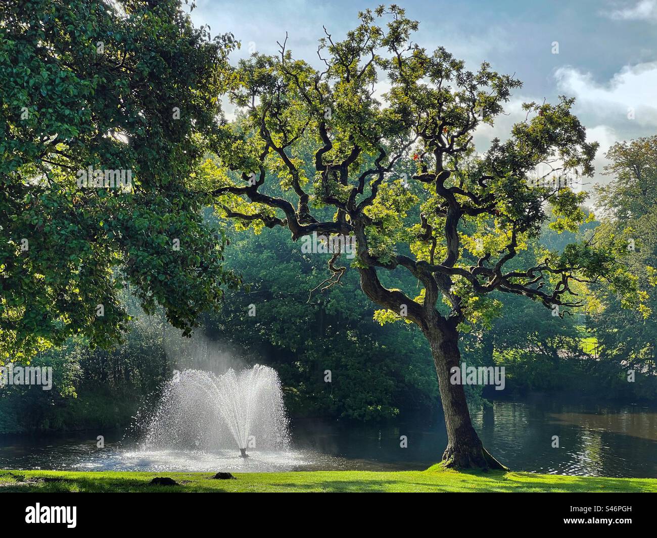 Fountain back lit by sun at Astley Park in Chorley, Lancashire Stock Photo