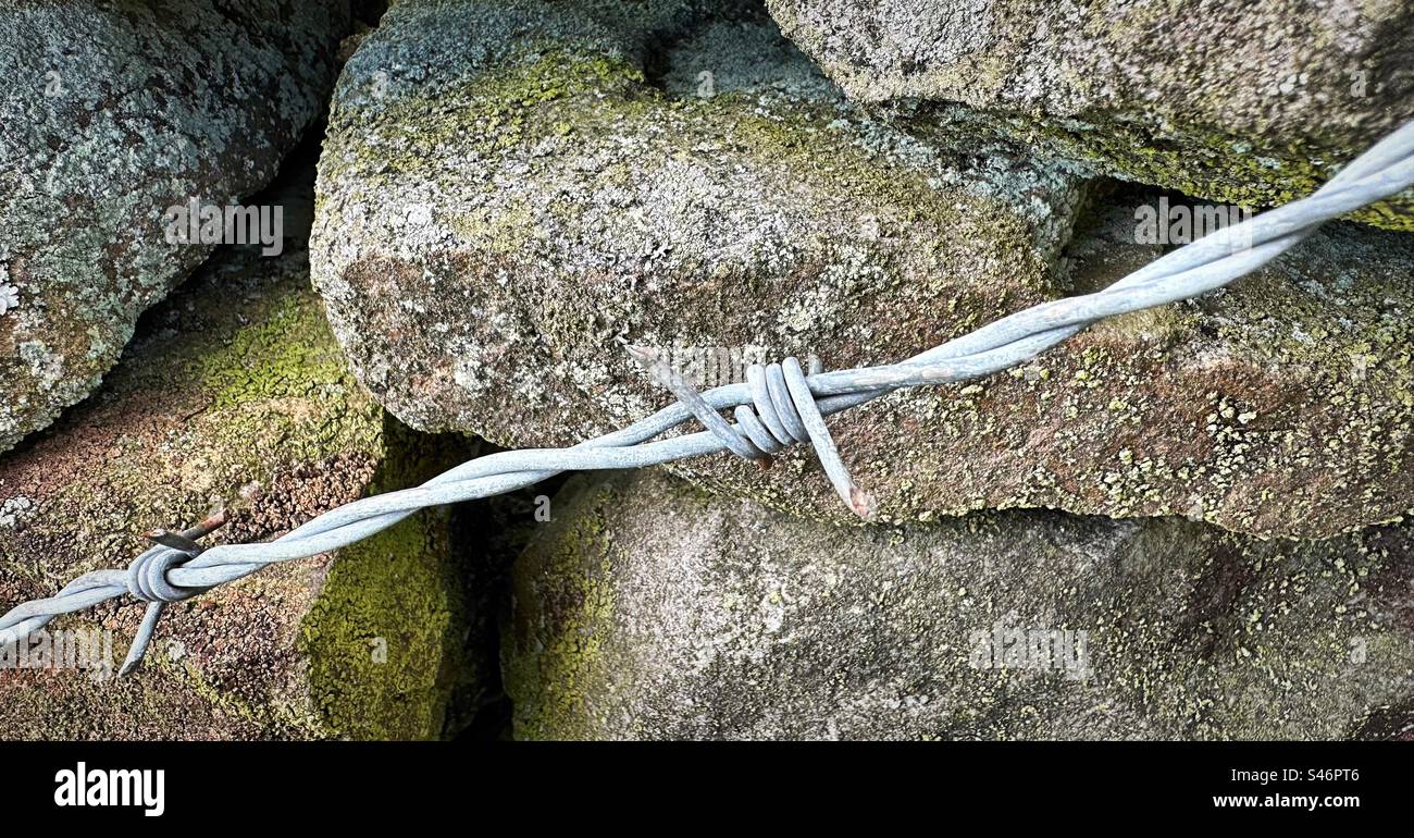 Barbed wire provides an extra layer of security in front of a long standing dry stone wall. Stock Photo