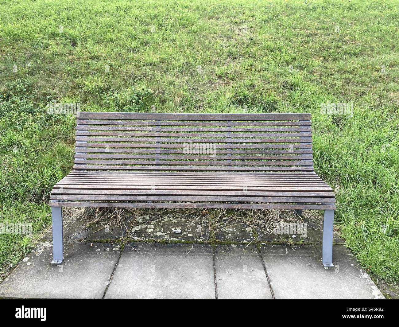 A bench in front of green meadow in the background Stock Photo