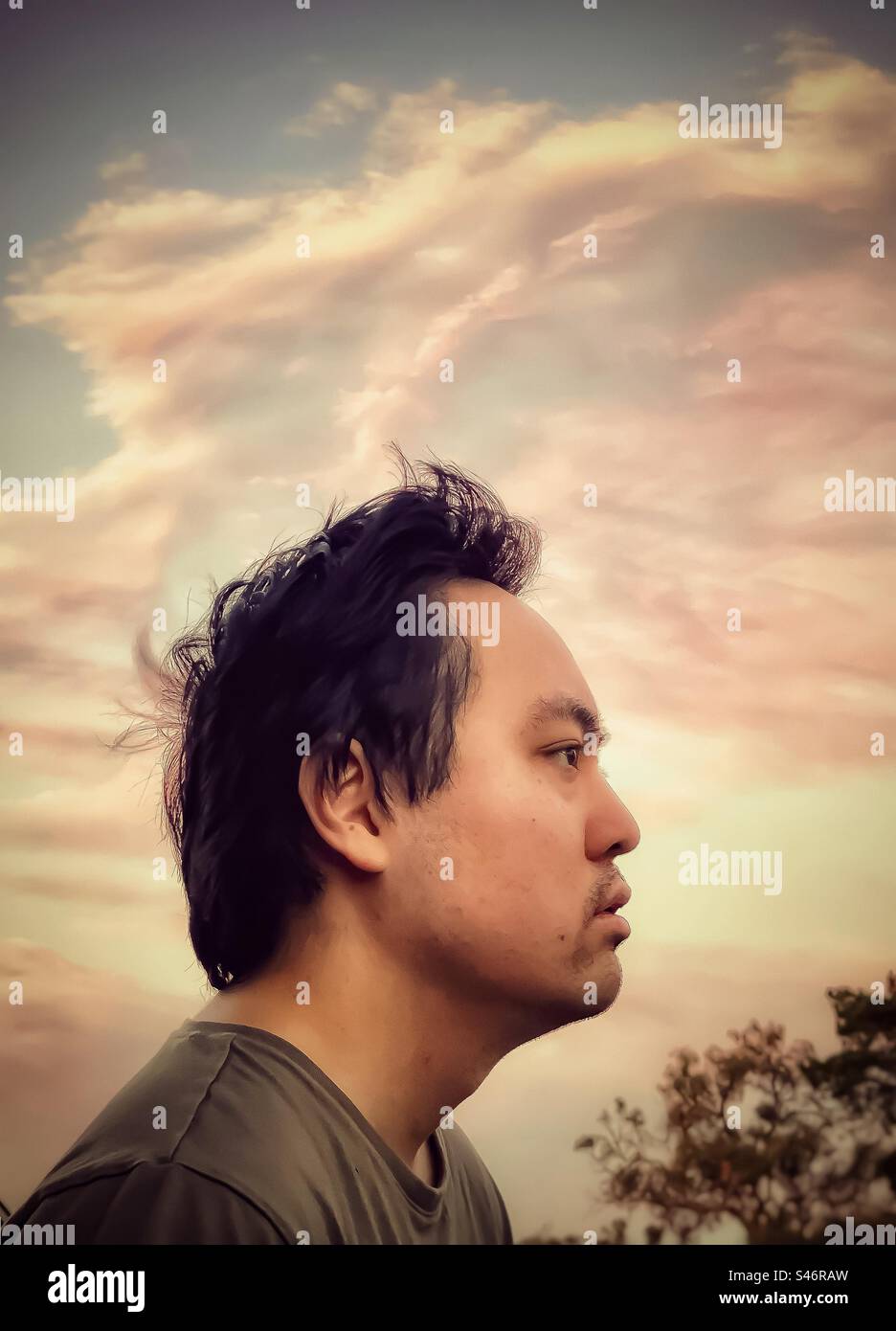 Portrait of young Asian man lost in contemplation against pink sunset clouds in sky. Wind. Blowing. Windswept. Motion. - Smartphone Captured Stock Image Portrait of young Asian man lost in contemplation against pink sunset clouds in sky. Wind. Blowing. Windswept. Motion. - Smartphone Captured Stock Image