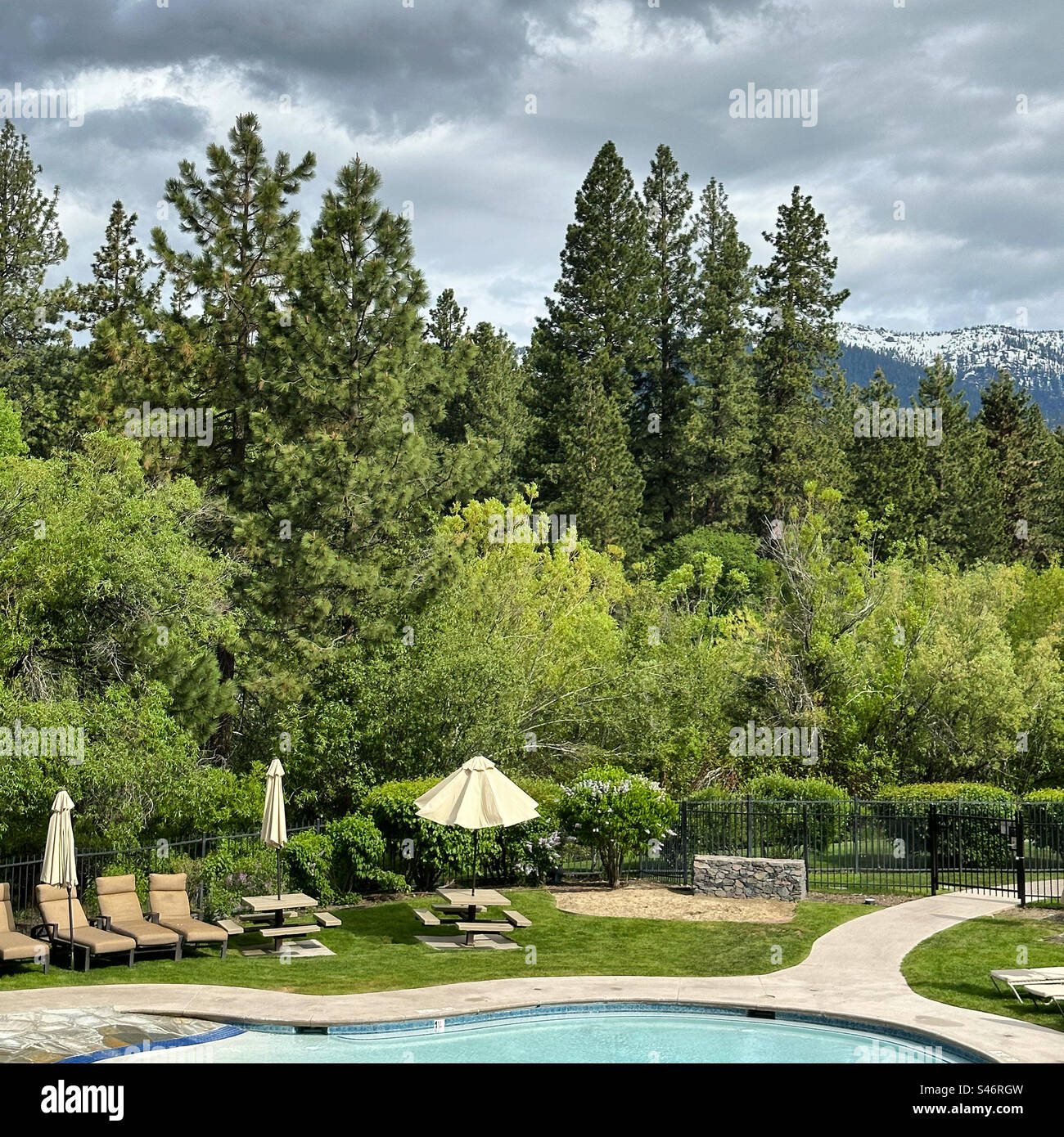 June, 2023, Swimming pool, Hyatt Regency Lake Tahoe Resort Spa and Casino, Incline Village, Washoe County, Nevada, United States Stock Photo