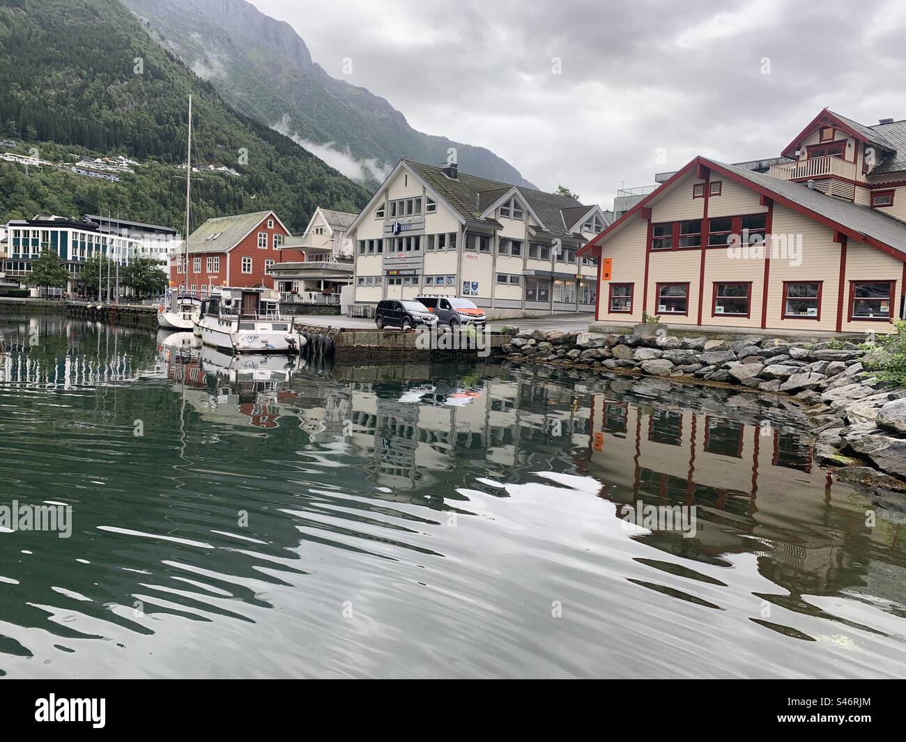 Buildings along the waterfront in Odda Norway Stock Photo