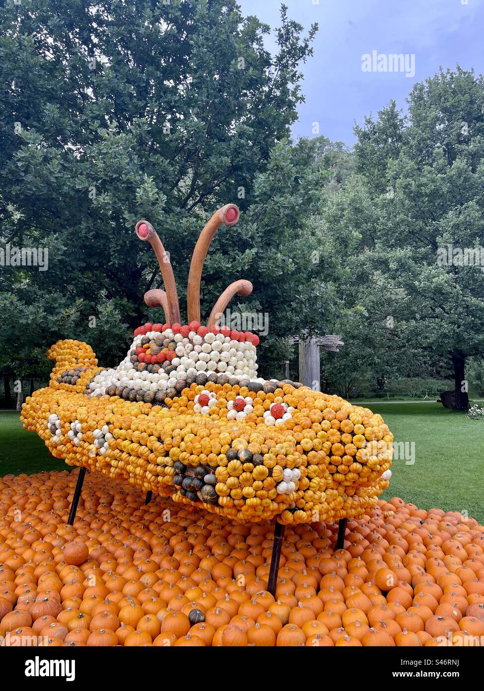 At Gartenschau Kaiserslautern, a creative spectacle unfolds with a submarine ingeniously crafted from an array of colorful pumpkins, capturing the imagination and delighting visitors. - Smartphone Captured Stock Image