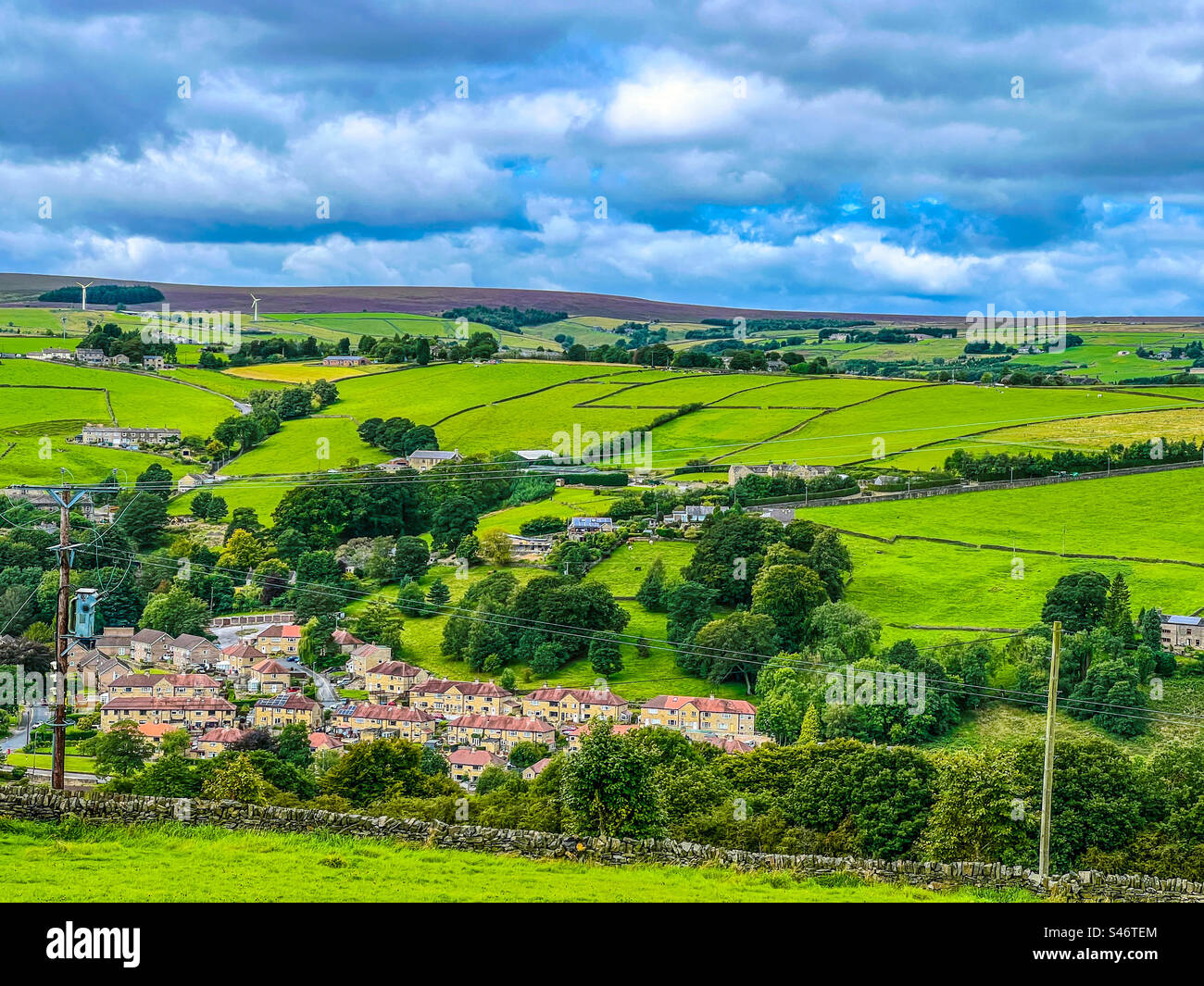 Idyllic view over the rural countryside of the Pennines village of Ripponden in West Yorkshire - Smartphone Captured Stock Image